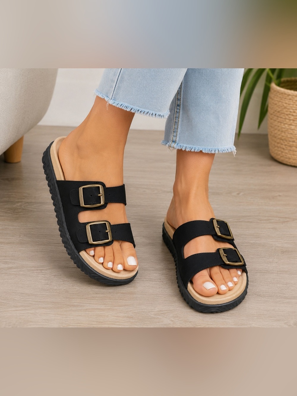 Black Double Buckle Comfort Slide Sandals Size 41 NWOT